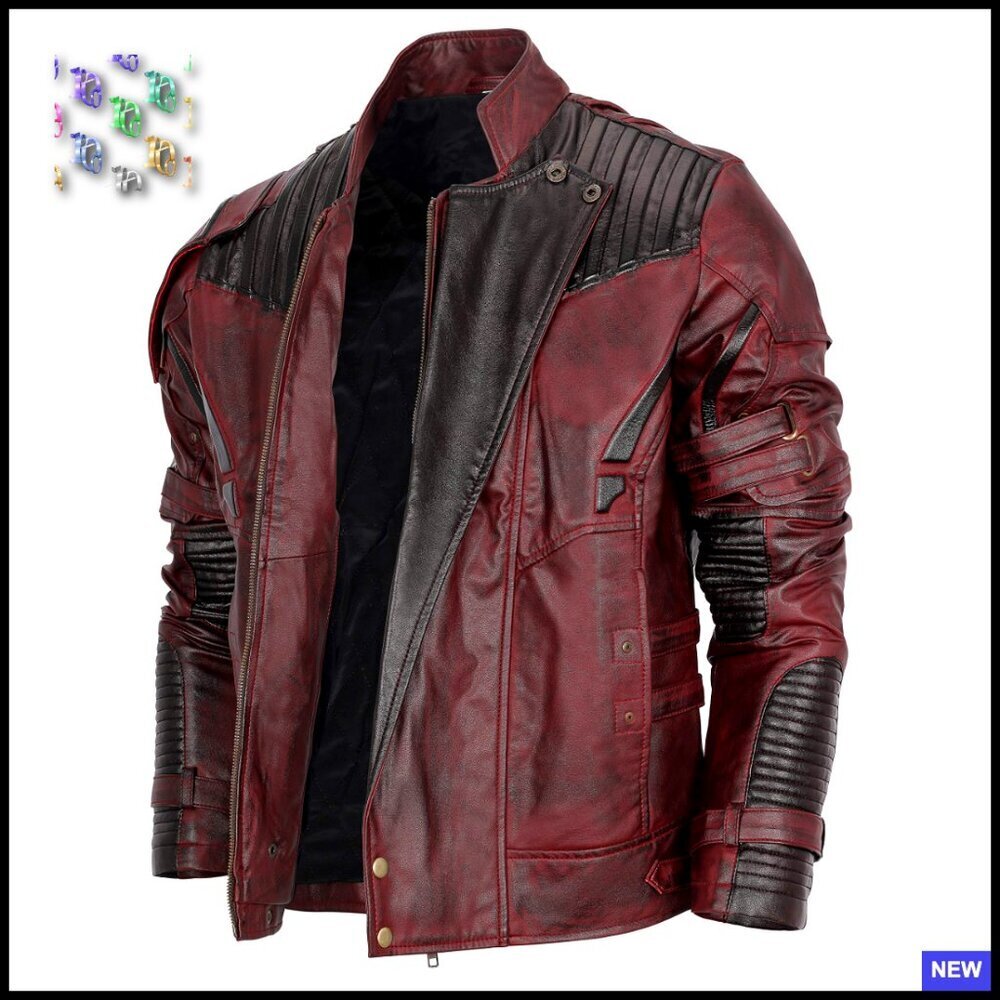 Distressed Leather Jacket Classic Fit Band Collar Long Sleeve Mens Outerwear